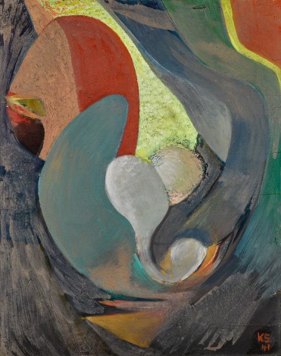 Ein Bild von Kurt Schwitters: Abstrakte formen und Farben eng Umschlungen. 