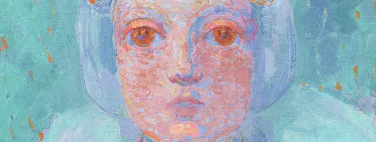 A colorful portrait of a young girl by Piet Mondrian, with particularly striking, bright orange eyes.