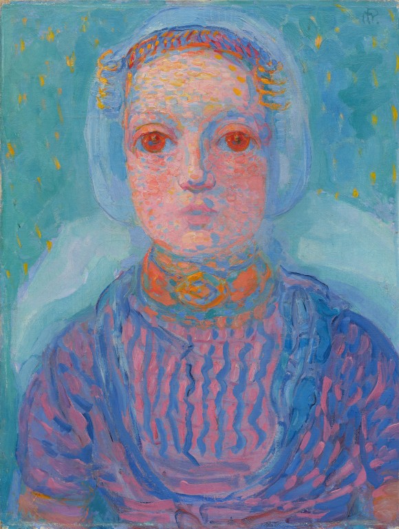 A colorful portrait of a young girl by Piet Mondrian, with particularly striking, bright orange eyes.