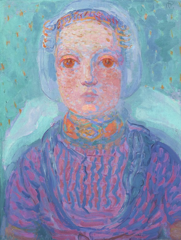 A colorful portrait of a young girl by Piet Mondrian, with particularly striking, bright orange eyes.