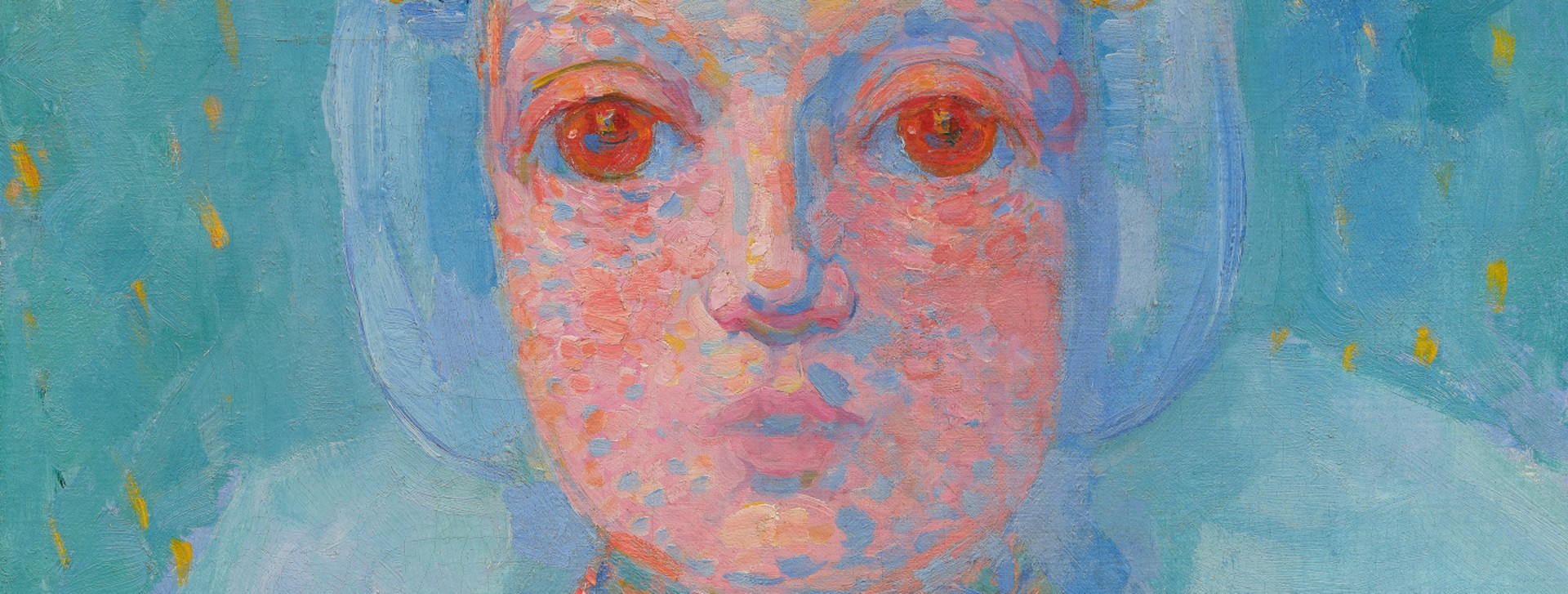 Detail eines Werkes von Piet Mondrian eine orange-rote Frrau in einem blauen Bild