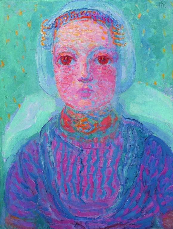 Buntes Portrait eines jungen Mädchens von Piet Mondrian besonders auffälllig sind die leuchtenden, orangenen Augen. 